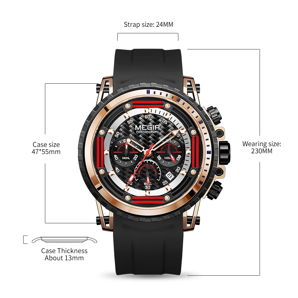 MEGIR Luxury Brand Men Sports Watches Silicone Strap Military Quartz Waterproof Chronograph Clock Male Wristwatches Auto Date