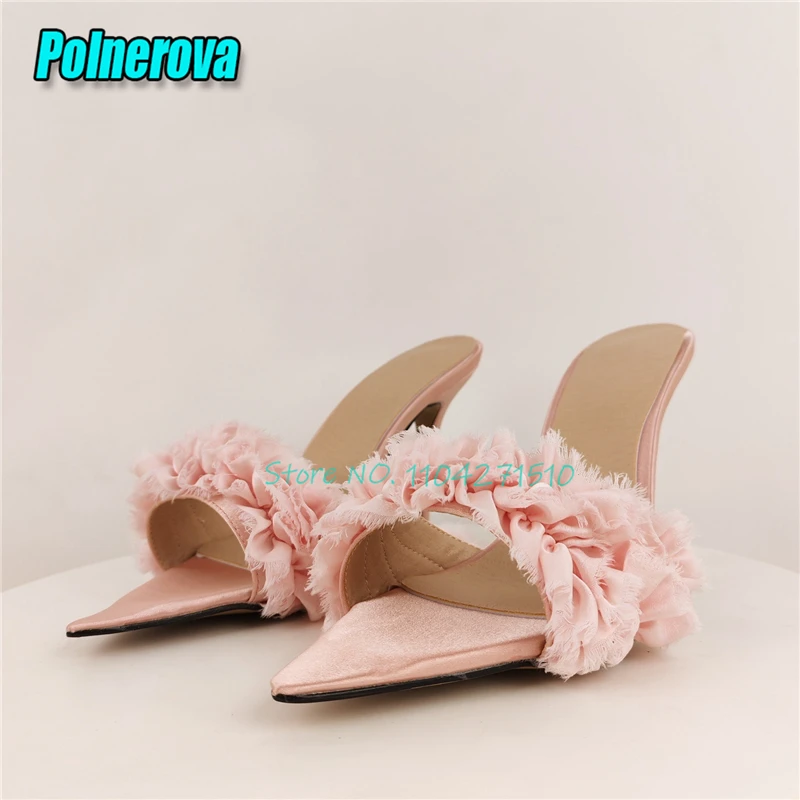 

Pink Lace Satin High Heels Women Slippers Elegant Pointed Toe Stiletto Sandals Summer New Party Wedding Dress Shoes Big Size
