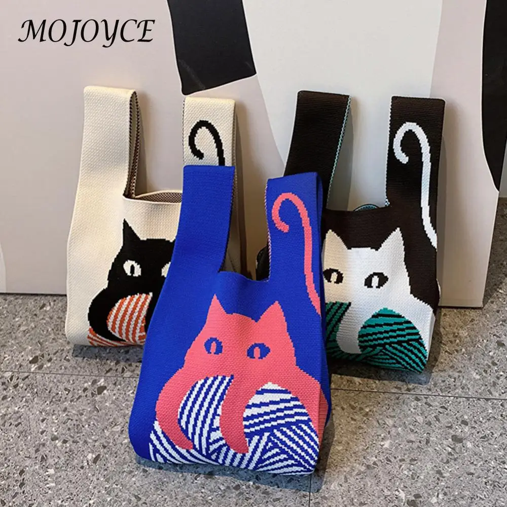 Women Hobo Handbag Handmade Mini Knot Wrist Bag Cat Pattern Cartoon Casual for Shoping Traveling