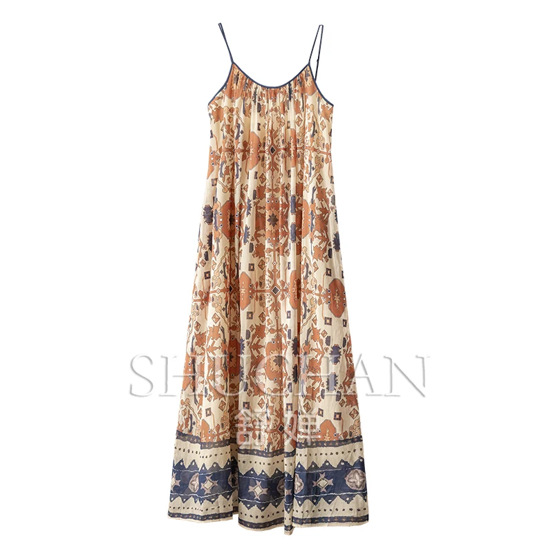 

New Holiday Style, Bohemian Ethnic Print Ramie + Cotton Suspender Dress Women 9W92 Vestidos Femininos Frete Grátis