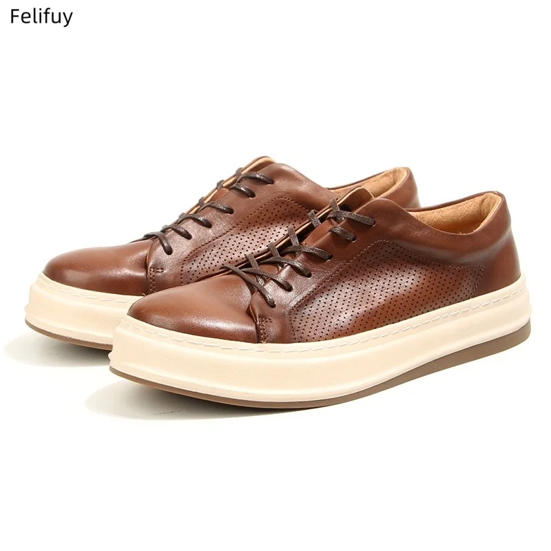 Washed Horse Genuine Leather Shoes for Men Lace-up Rubber Luxury Men Shoes Breathable Casual Platform Sneakers Zapatos Hombre