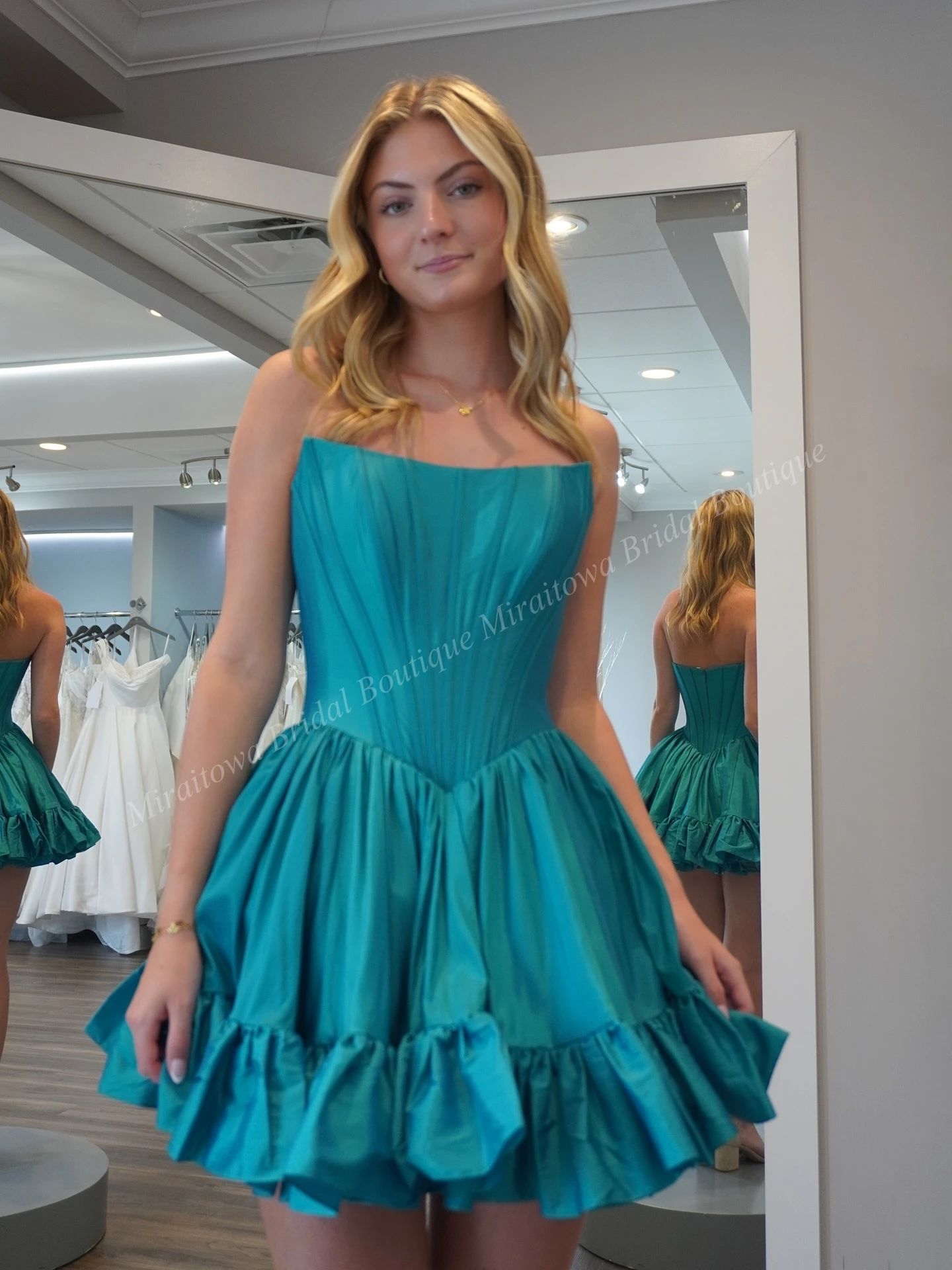 Abito da cocktail rosa con corsetto senza spalline in taffettà verde acqua corto dolce 16 semi formale abito da laurea Hoco spettacolo intervista danza