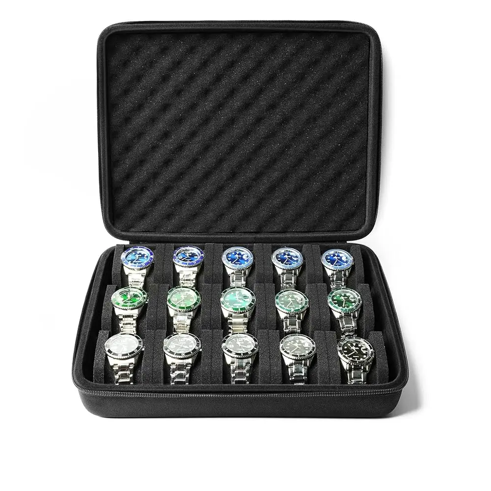 Watch storage case for 15 watches, men's hard watch box safe travel case with soft protective pillow,fit most watches up to 6
