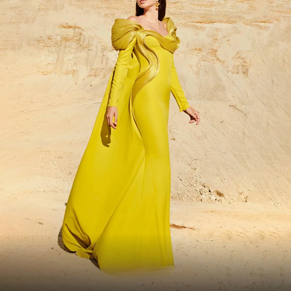 

Off The Shoulder Evening Dress for Women Long Sleeves Pleated Mermaid Jersey Evening Gowns Long Foraml Party Dress Customized