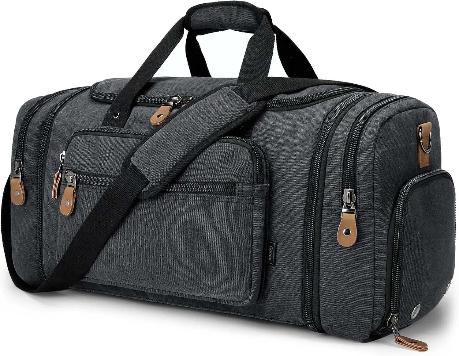 60L Canvas Duffle Bag with Shoe Compartment for Travel and Weekend Overnight Trips in Dark Gray