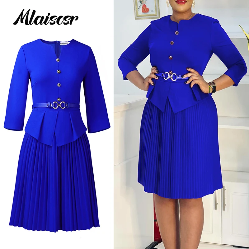 Mlaiscsr Elegante Kantoor Jurk met Riem voor Vrouwen Blauw O-hals Peplum Geplooide 3/4 Mouwen Afrikaanse Vrouwelijke Herfst Avondjurken Gewaad
