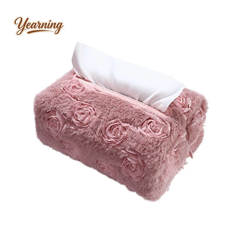 

Chinese Style 3D Rose Plush Tissue Box, Luxury Elegant Paper Holder for Girls, Bedroom Living Room Desktop Organizer