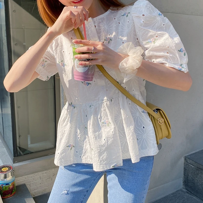 Korean Chic Puff sleeve embroidery top Summer Ruffles Women blouse Hollow out White Lace shirt