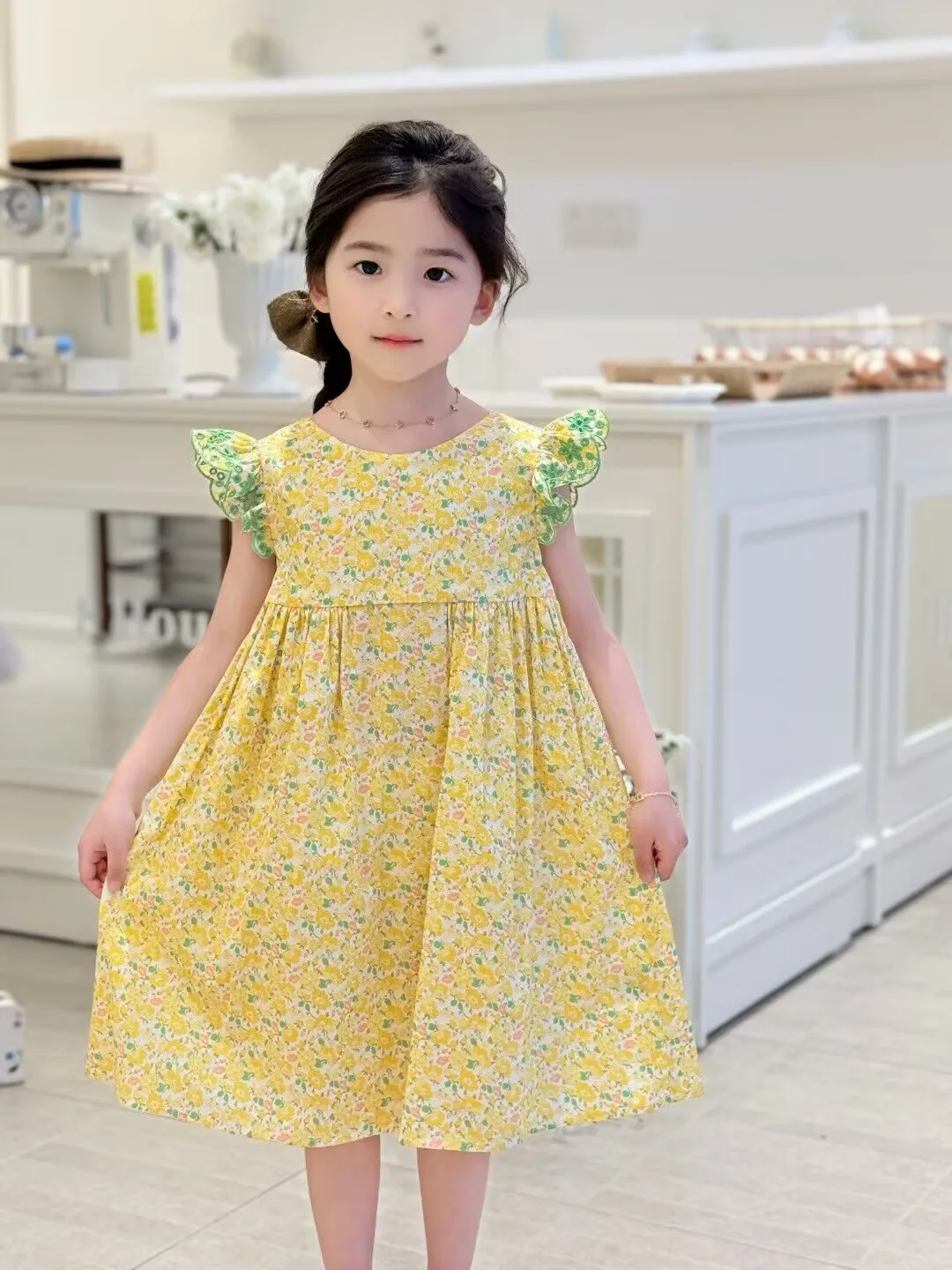 

2025 Summer new Girls' floral Dress Baby's Stylish Puff Dress Cute yellow flower Princess Dress