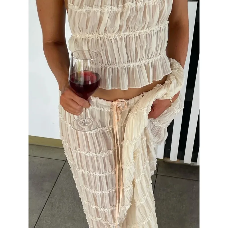 2024 Lente Zomer Dames 2 Delige Set Mode Solide Halter Lange Rok Pak Vrouwen Rugloze Slinger Top Veteraan Geplooide Maxi Rokken