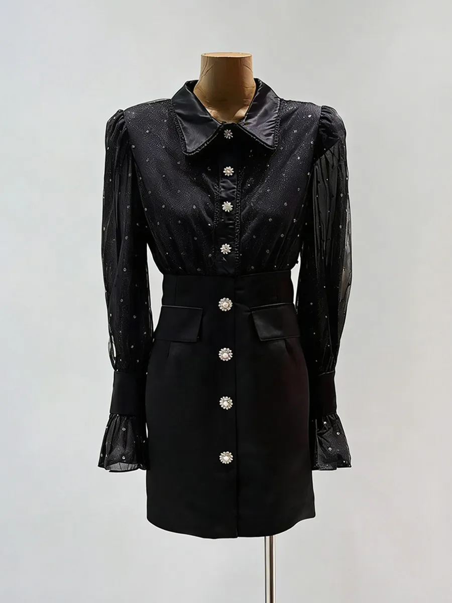 TWOTWINSTYLE Black Sheer Spliced Hot Fix Elegant Dresses for Women Lapel Long Sleeves Tunic Patchwork Buttons Dress Female New