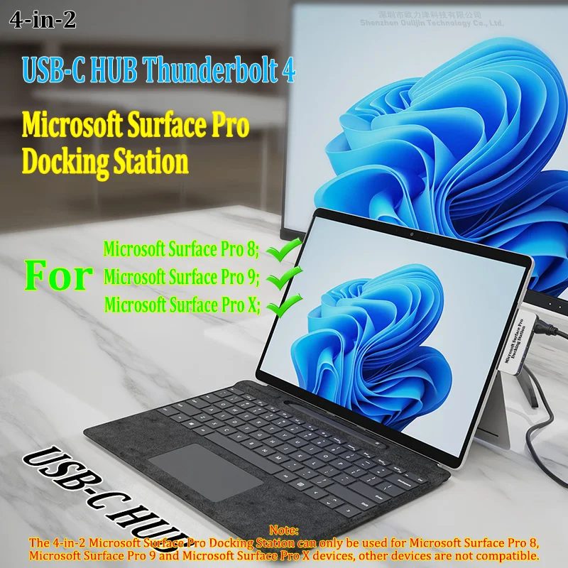 도킹 스테이션 USB-C Thunderbolt 4 허브 40Gbps 데이터 100W 충전 8K 60HZ 디스플레이 Microsoft Surface pro9 Surface pro8 및 Surface proX용 액세서리