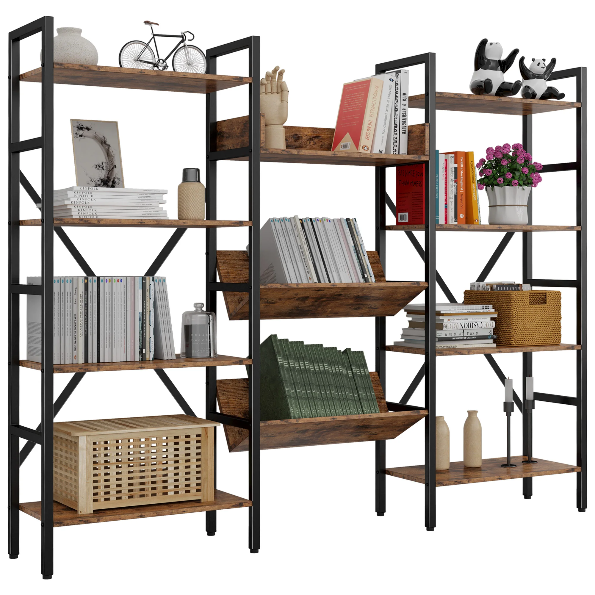 IRONCK Bookcases and Bookshelves Triple Wide 4 Tiers Industrial Bookshelf, Large Etagere Bookshelf Open Record Player Shelves