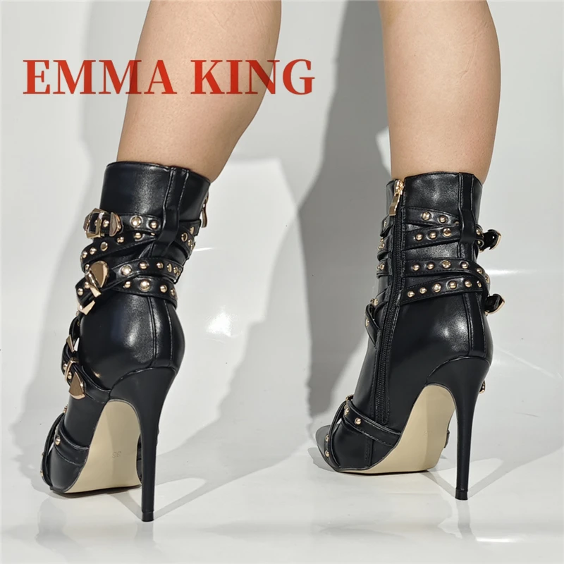 برشام حزام مشبك حذاء من الجلد مثير أشار تو الخنجر الكعوب أحذية بوت قصيرة الجانب سستة مثير عرض مأدبة الحفلات أحذية نسائية 47