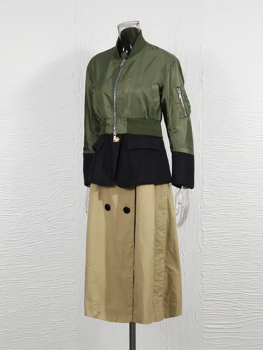 TWOTWINSTYLE Colorblock Streetwear Patchwork Button Coat For Women Stand Collar Long Sleeve Spliced Zipper Designer Coats Female