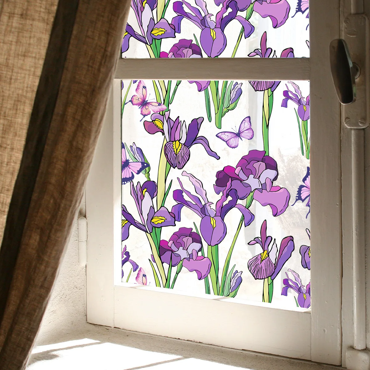 Spring Summer Purple Iris Flowers Window Cling Sunshade Glass Decals Self-adhesive Wallpaper Poster Decoration Home Decor