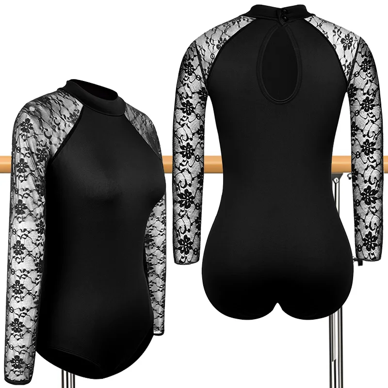 여성 터틀넥 레이스 긴 소매 발레 댄스 레오타드 성인 및 어린이용 체조 탑 물방울 모양의 등이 빈 바디수트