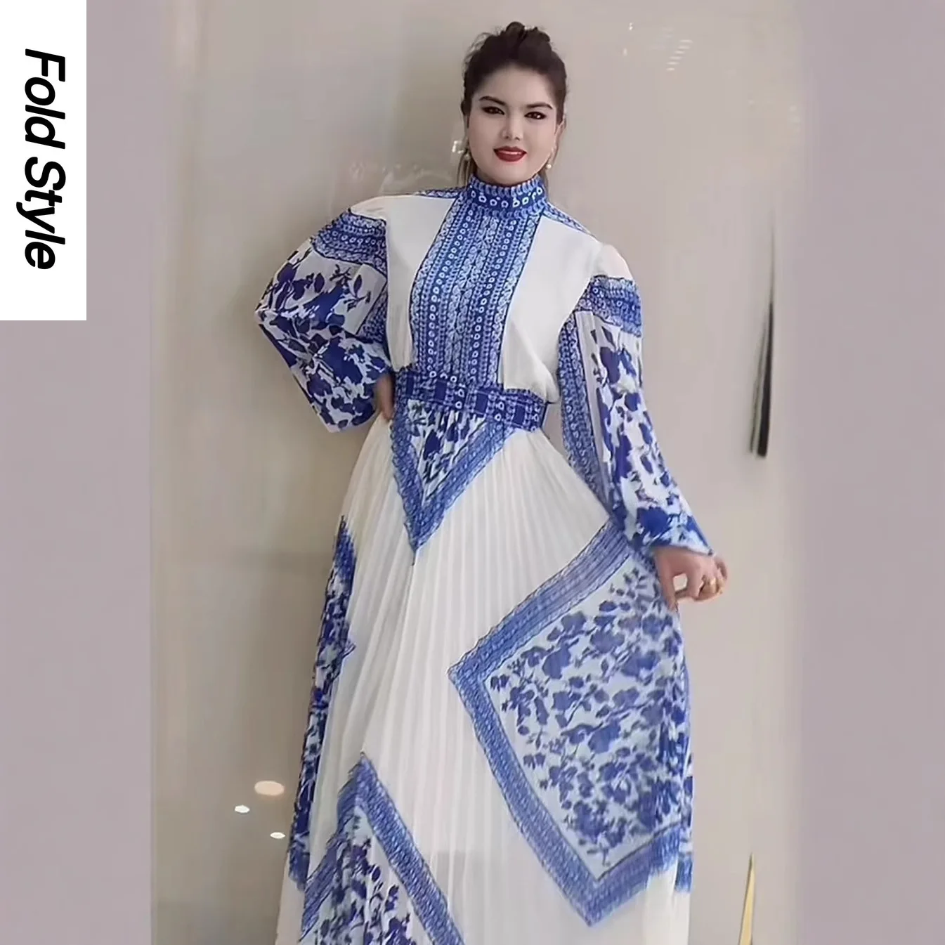 

2025 Summer New Round Neck Long-sleeved Dress Miyake Pleated Long A-shaped Loose Printing Dress Women's Clothing