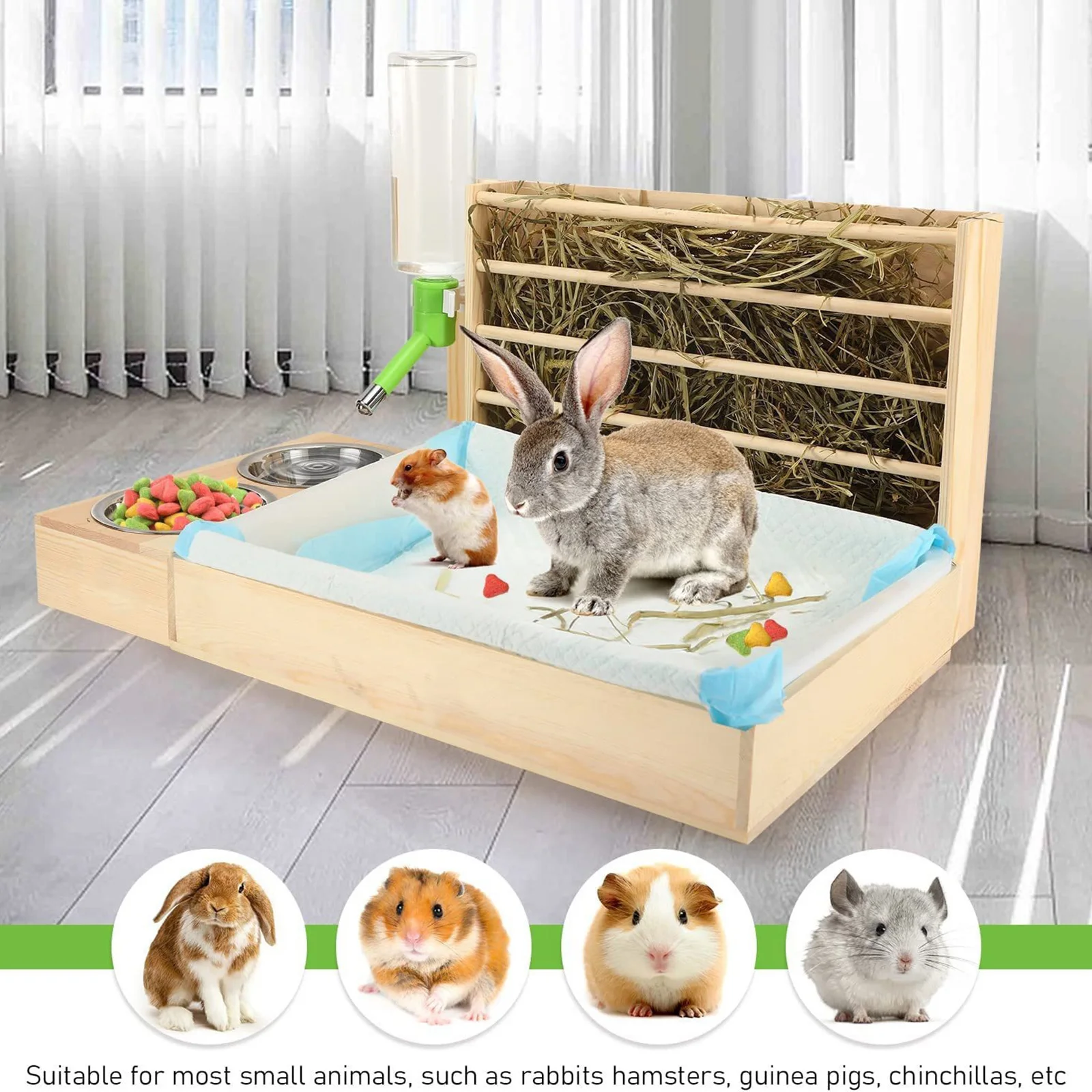 Rabbit Dried Grass Feeder With Litter Box 4 In 1 Wooden Bowl And Water Bottle Rack Rabbit Dry Grass Frame Feed For Animals