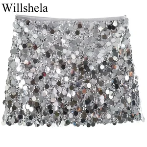 Willshela-Mini saia de lantejoulas de cintura alta feminina, monocromática, zíper lateral, vintage, chique, senhora, moda feminina 6 principais vendas saia com brilhantes - №4