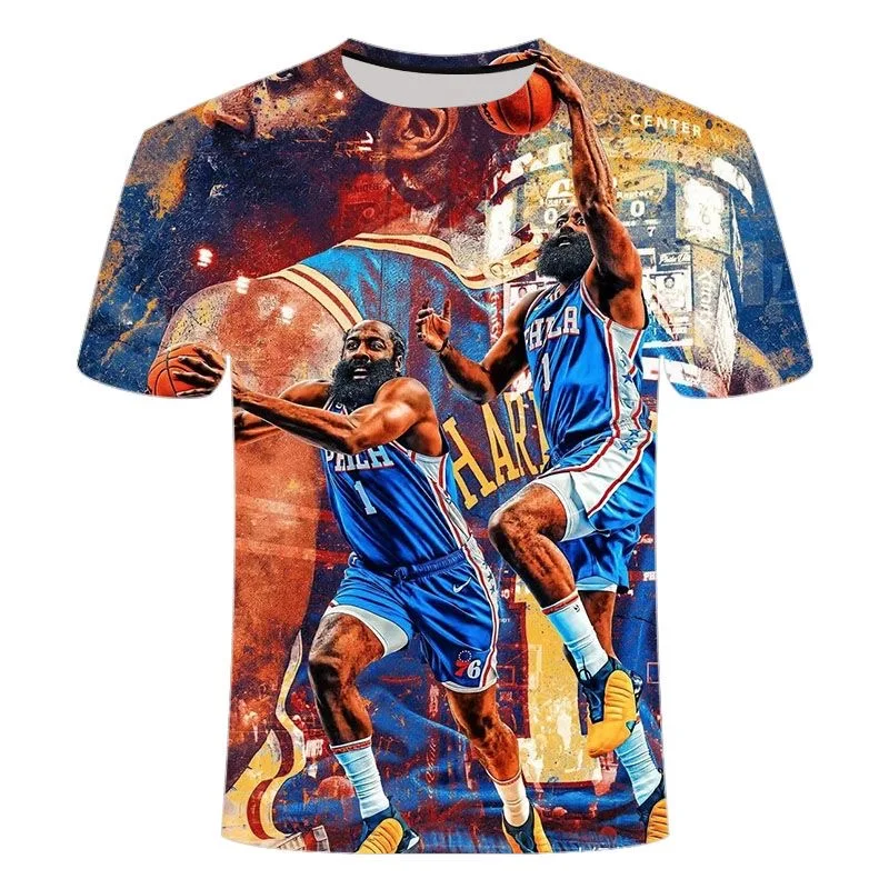 2024Summer new 3D printed NBA series basketball and football, boys and girls T-shirt sports short sleeved fashionable round neck