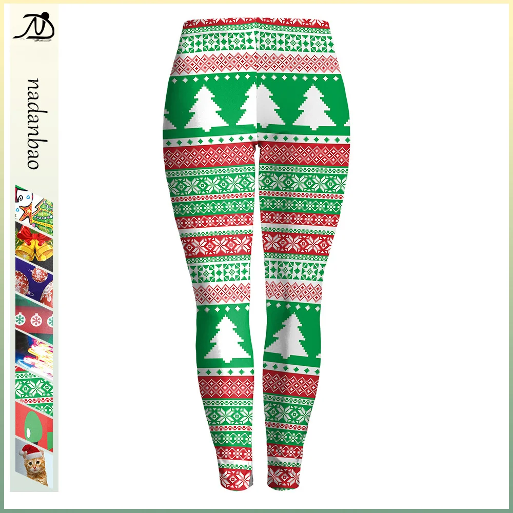 Nadanbao Kerst Grappige Vakantie Feest Broek Vrouwen Kerstboom Print Leggings Meisjes Elastische Panty Mid Taille Broek