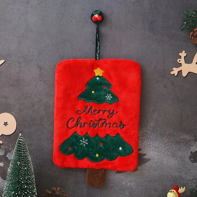 2Pcs Merry Christmas Hand Towel, Thickened Coral Cartoon Cute Extended Rope Christmas Hand Towel, Family Christmas Eve Decor