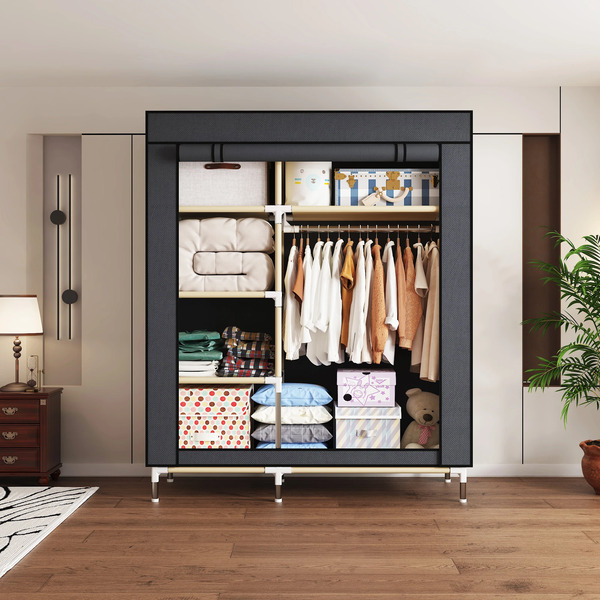 

Модернизированный усиленный домашний шкаф для спальни, простая сборка с 5 полками и 1 стальным каркасом для подвешивания, портативные шкафы для гардероба