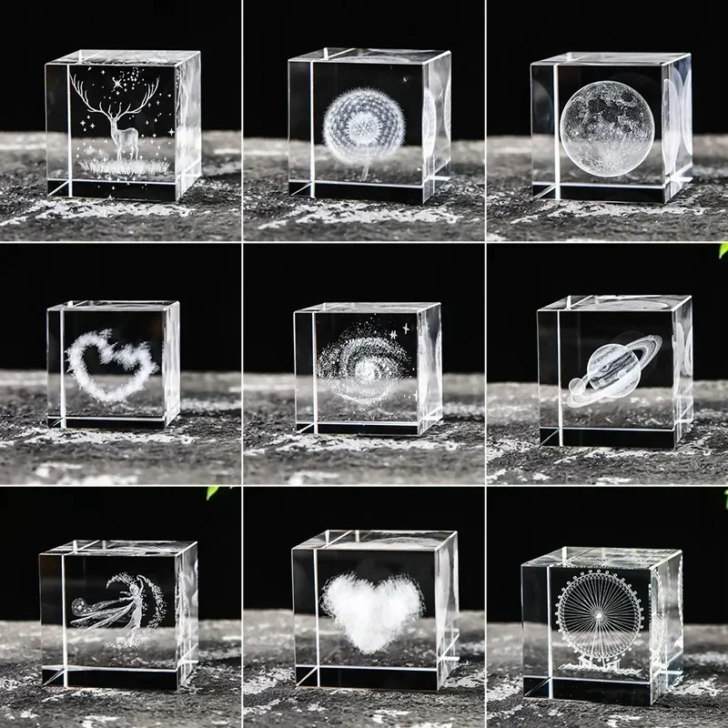 2.4 Inch Crystal Cube 3d Laser Crystal Paperweight Moon Solar System Clouds Cubic Heart Shaped Desktop Creative Gift Ornaments