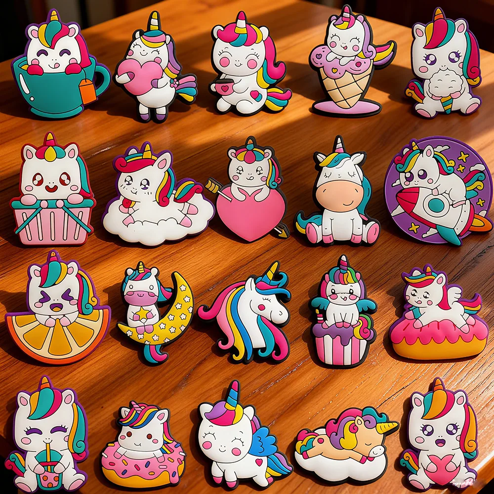 20pcs set Rainbow Unicorn Shoe Charms PVC Removable Clog Decor Cartoon Horse DIY Sandal Footwear Ornaments Party Gift