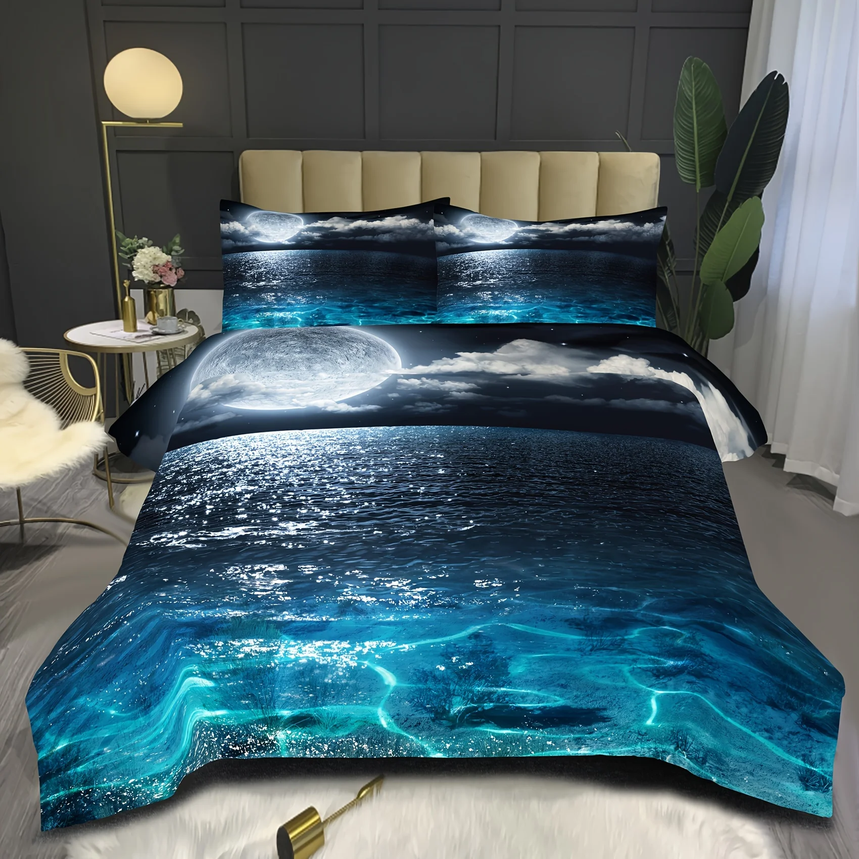 3PCS 3D Ocean Moon Nightscape Bedding Set High Definition Digital Print Duvet Cover With Pillowcases No Insert Queen Size