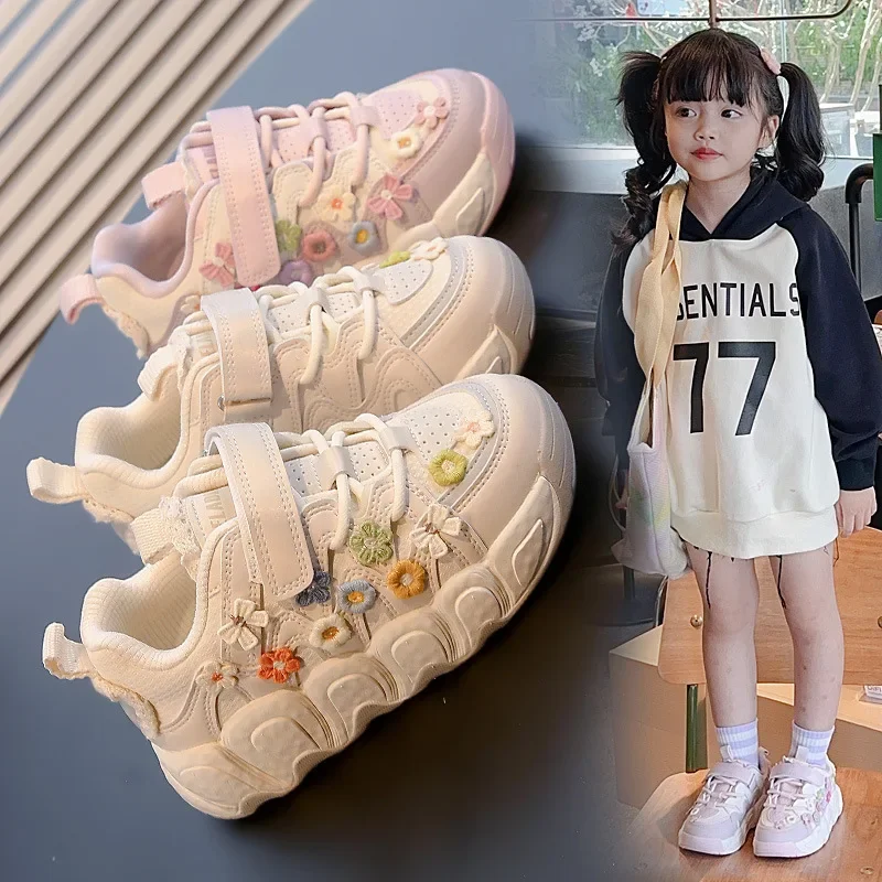 

Children Spring Autumn Breathable Sneakers Girls Embroidered Flower Bread Shoes Girls Bow Fashion Casual Soft Sole Shoes Velcro