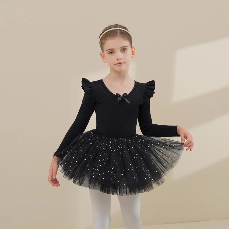 Long Sleeved Ballet Leotards for Girls with Sequin Skirts Set Dance Wear Ballet Tutu Outfits Vestidos Kids Performance Costume