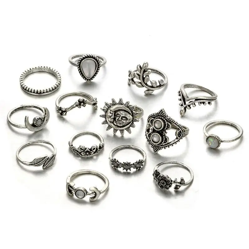 14pcs/set Punk Gothic Ring Set Moon Star Flower Leaves Crystals Ring Band Gift for Boyfriend Drop Shipping