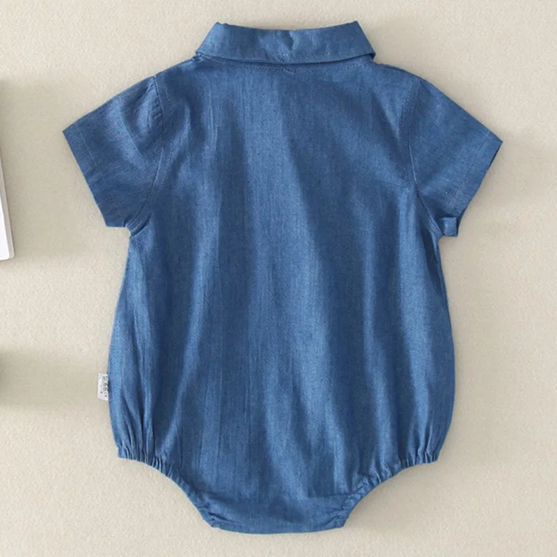 2024 New Summer Newborn Baby Girls Boys Bodysuits Short Sleeved Solid Denim Brother And Sister Clothing Infant Baby Jumpsuit