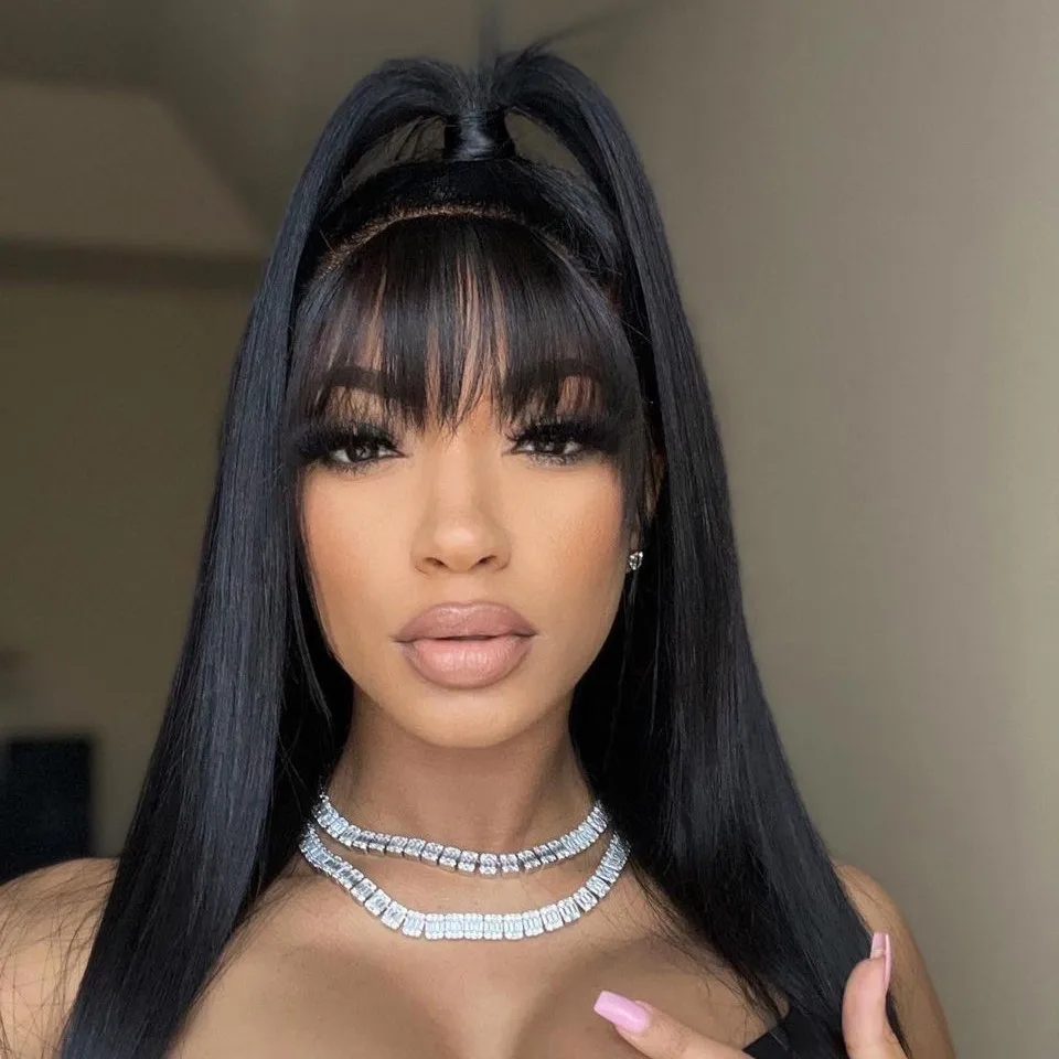 3x1 Middle Part Human Hair Wigs With Bangs 30 34 Inch Full Machine Straight Brazilian Wigs 100% Human Hair Wig For Black Women