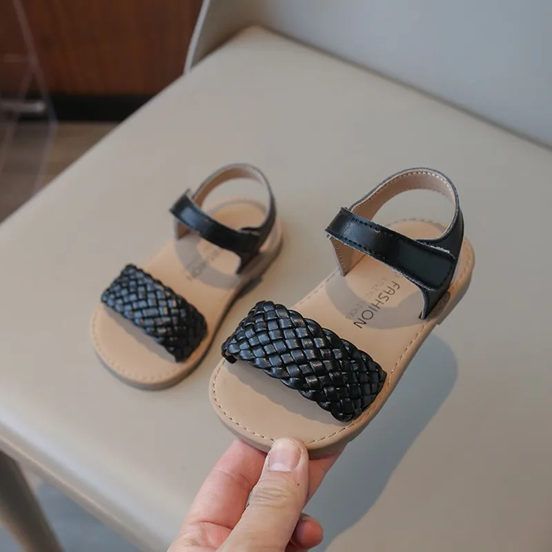 Kids Sandals for Girls 2024 Summer Girls Weave Design Sandals Children Beach Shoes Open Toes Flat Anti-skid Rubber Ankle Strap