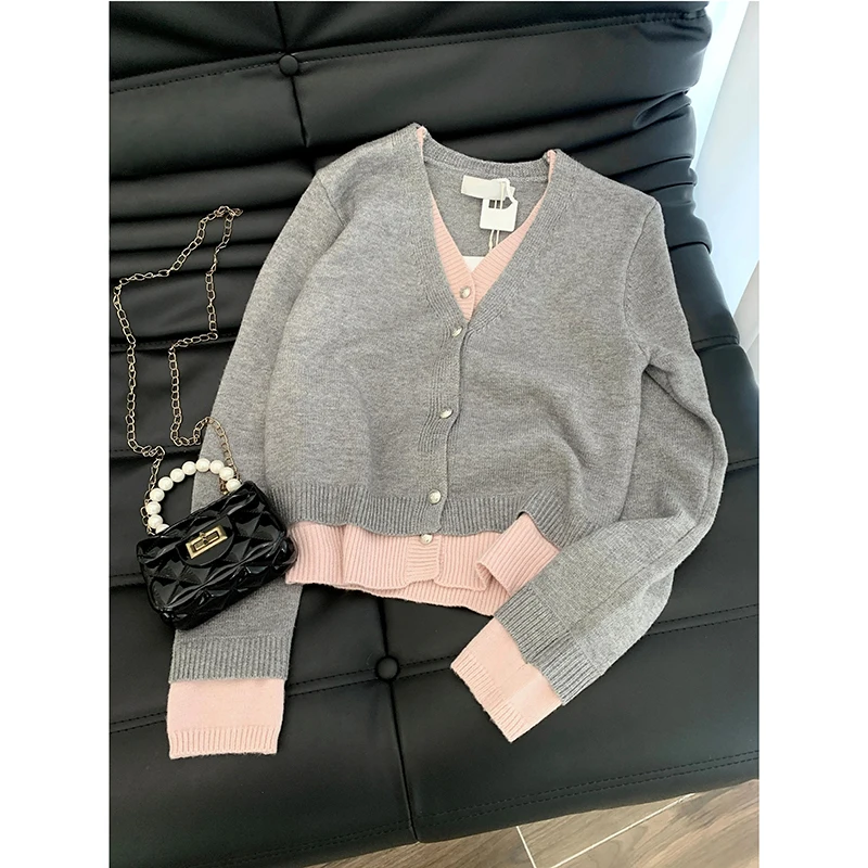 Autumn Winter Women Grey Splicing Sweater V-neck Long Sleeve Y2K Top Korean Retro Academy Fashion Cute 90s Sweater 2024 Clothing