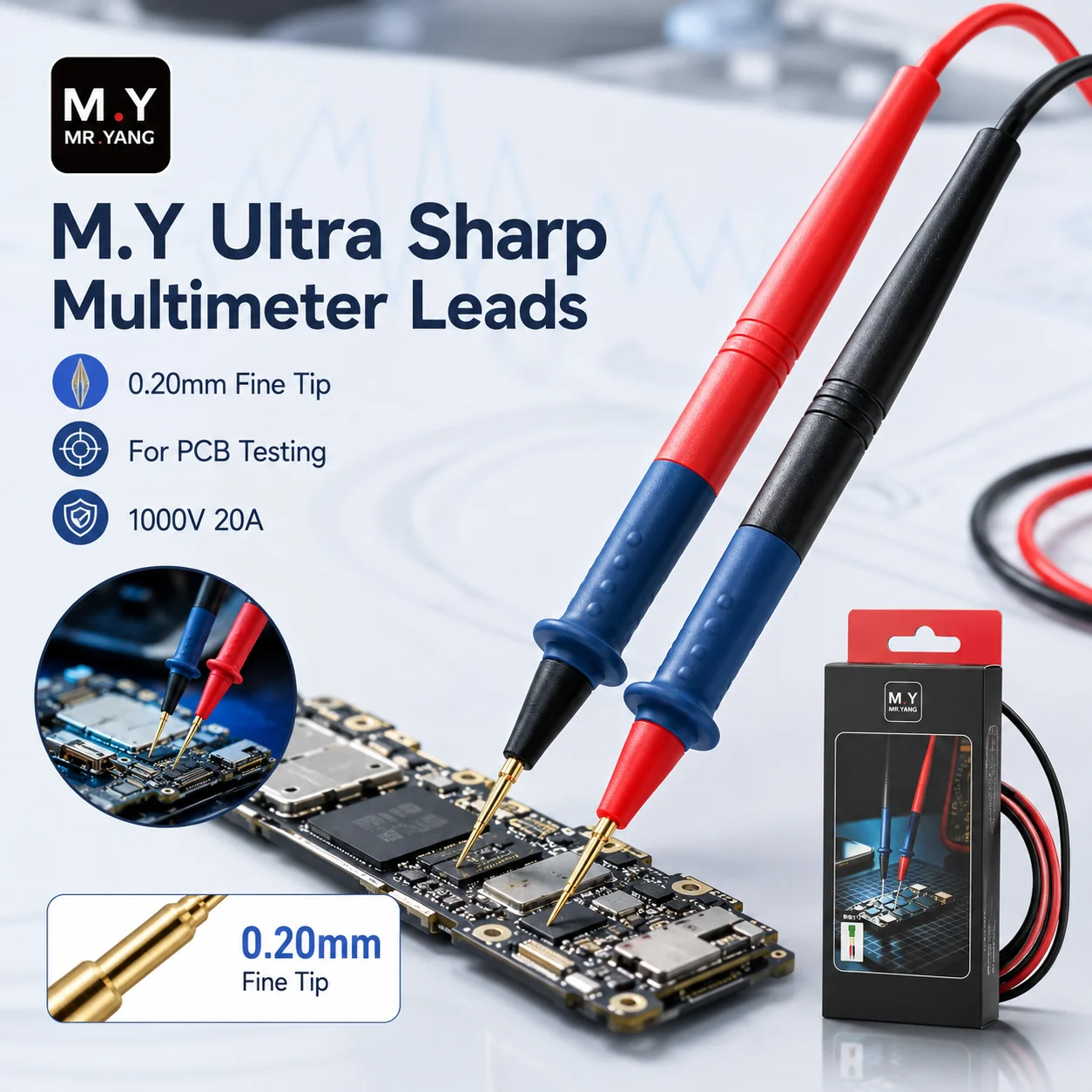 YCS MR.YANG Ultra Sharp 0.20mm Multimeter Leads 1000V 20A Replaceable Precision Test Probes for Phone PCB Board Repair Tools Kit