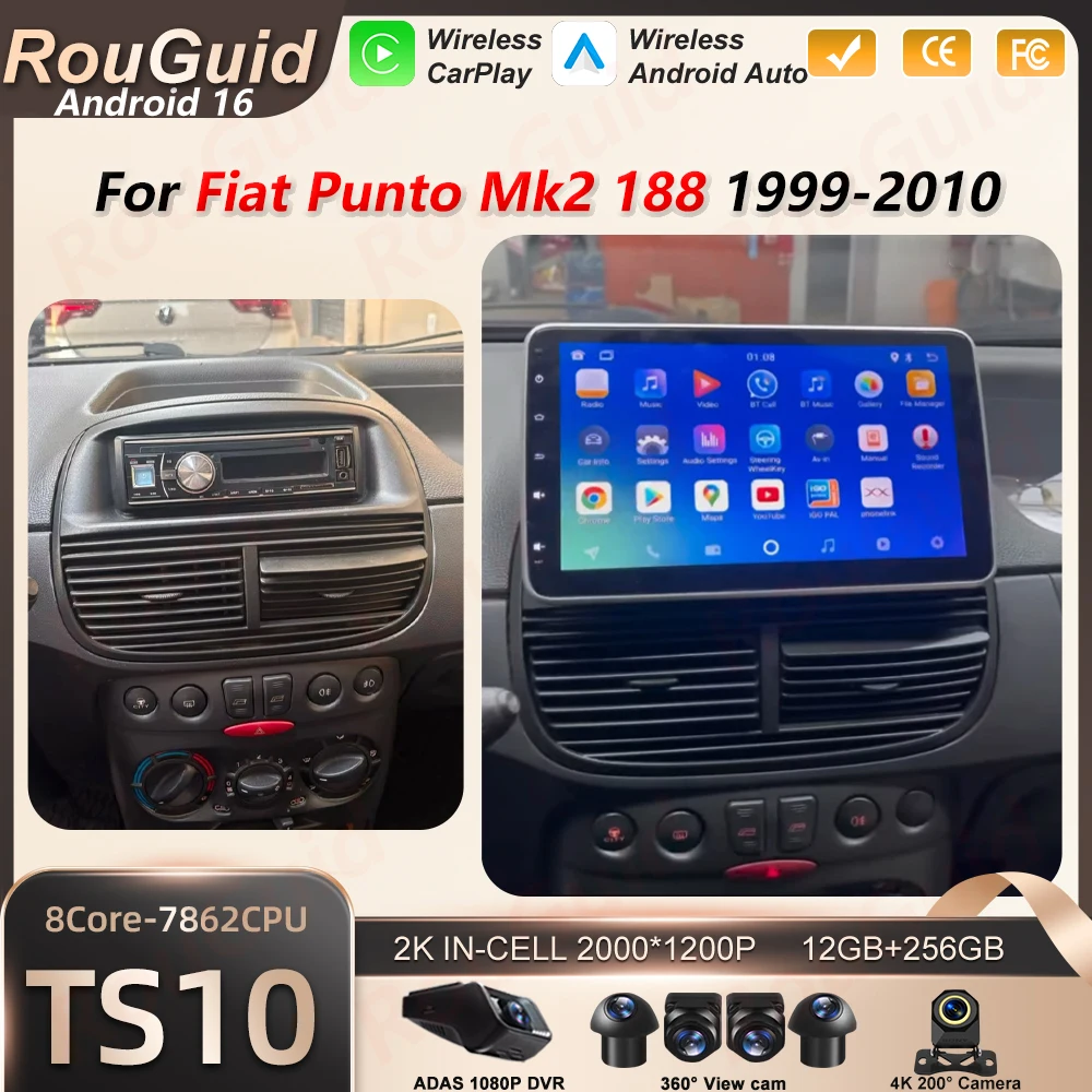 Android 16 Auto Carplay Car Radio For Fiat Punto Mk2 188 1999-2007 2008 2009 2010 Multimedia Player 2Din 5G Wifi GPS Navigation
