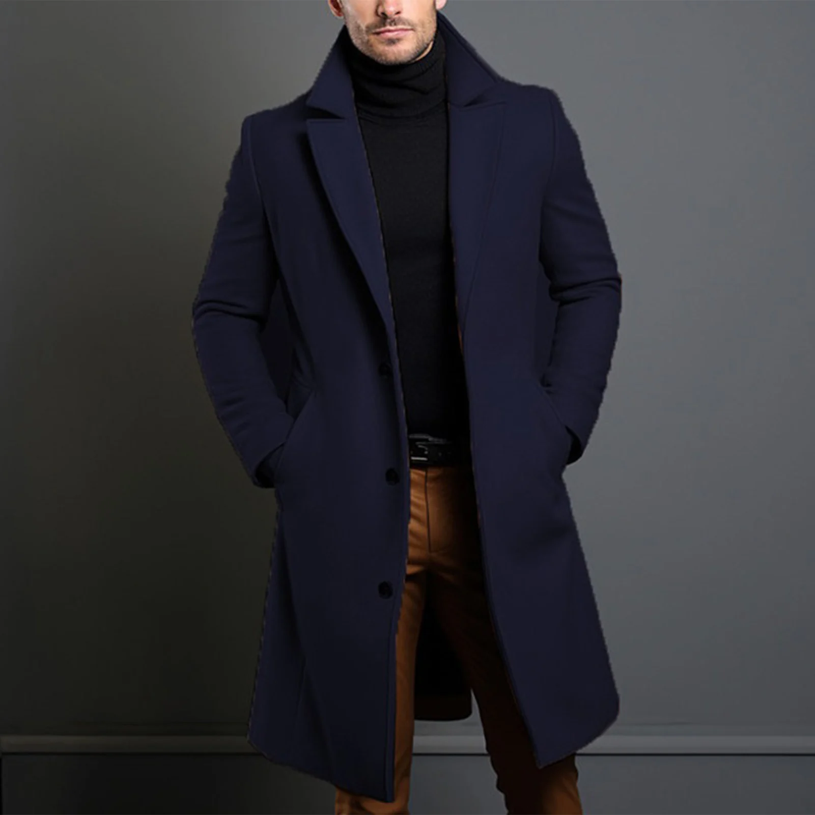 Men Elegant Long Trench Overcoat Single-breasted Windproof Trench Coat for Jeans Sweater Boots Matching