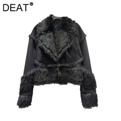 DEAT Women's Coat Faux Fur Buckle Design Notched Collar Loose Solid Color Plush Thick Jackets 2024 New Fashion Winter 11A01572