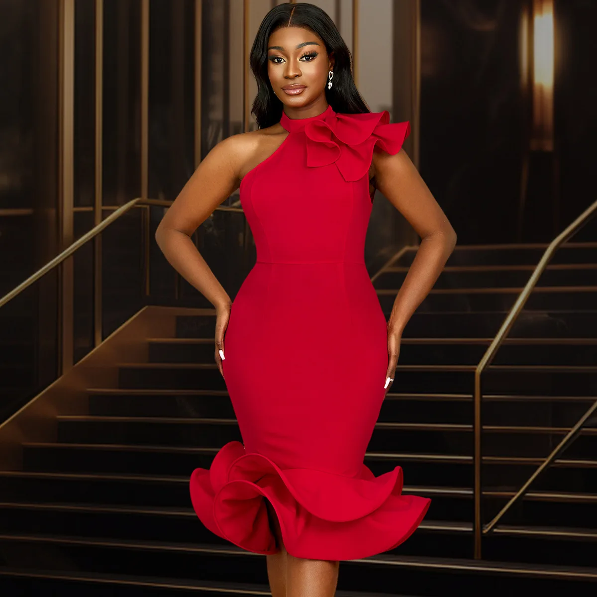 فساتين نسائية على الموضة الأمريكية الأوروبية بلون سادة أنيقة غير رسمية عصرية برقبة دائرية وطول منتصف الساق غير متماثلة ملابس نسائية