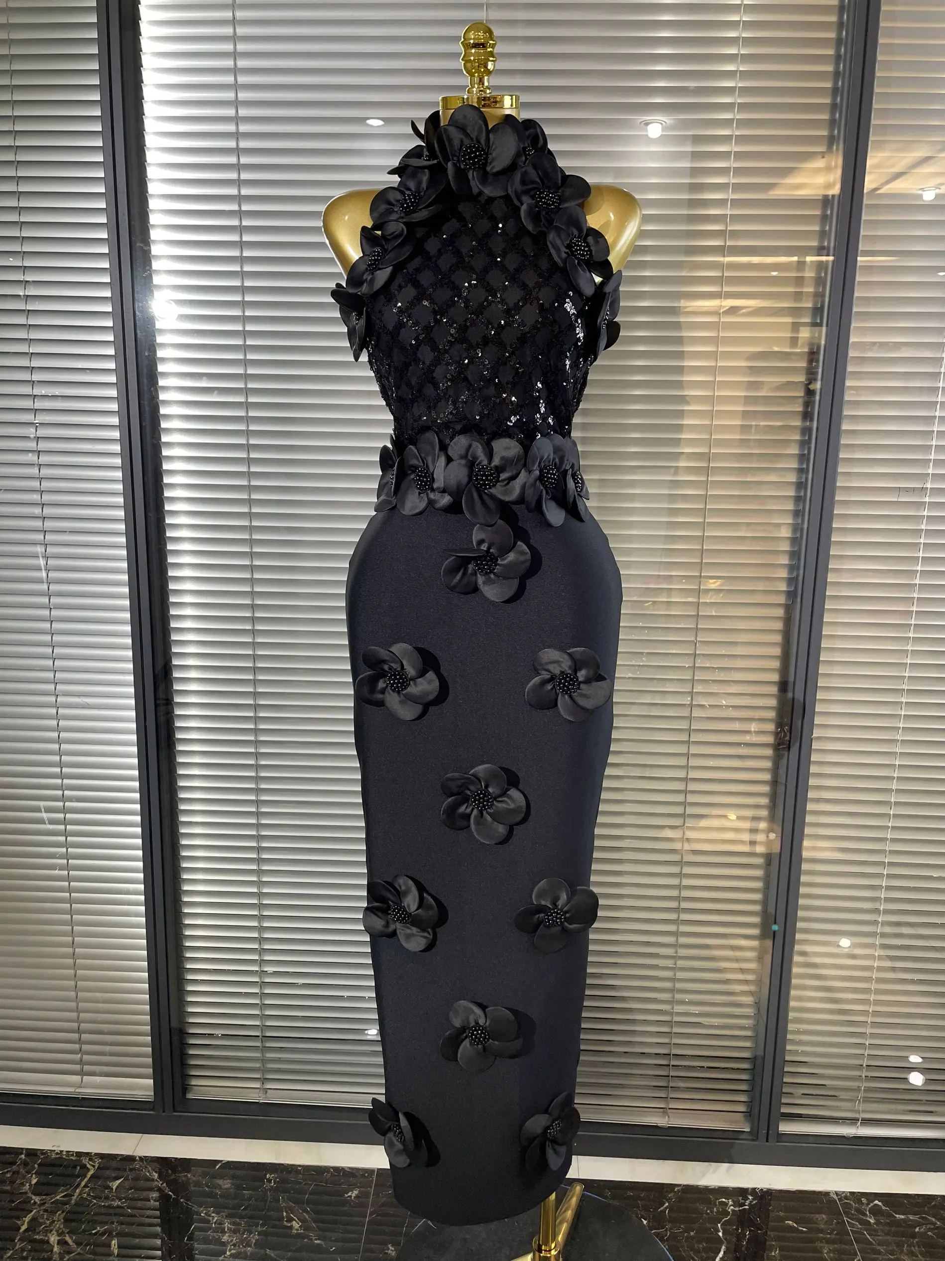 Black Red Women Shining Sequins Florals Sexy O-Neck Bodycon Bandage Long Dress Evening Party Black Red Women Shining Sequins Florals Sexy O-Neck Bodycon Bandage Long Dress Evening Party