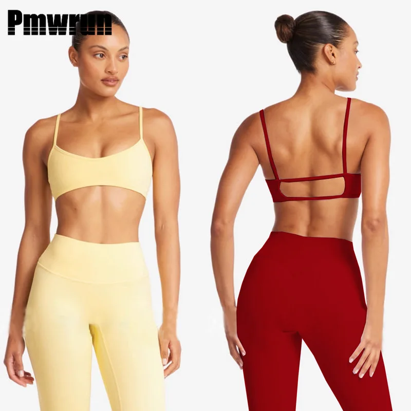 ملابس اليوغا المكونة من قطعتين من PMWRUIN للنساء: حمالة صدر رياضية بظهر Strappy وسراويل ضيقة قابلة للتنفس وقابلة للتمدد للياقة البدنية واليوجا والجري