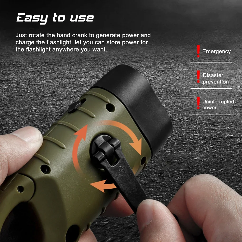 Hand Crank LED Flashlight Portable Tent Light with Solar Power Long-Range Emergency Torch for Outdoor Camping Hiking