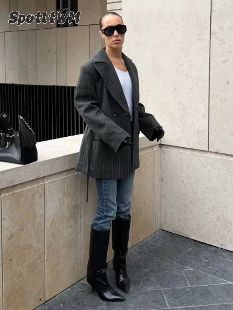 Grey Oversized Pinstripe Woolen Coat Women Elegant Lapel Double Breasted Loose Mid Length Fall Winter Streetwear Outerwear New