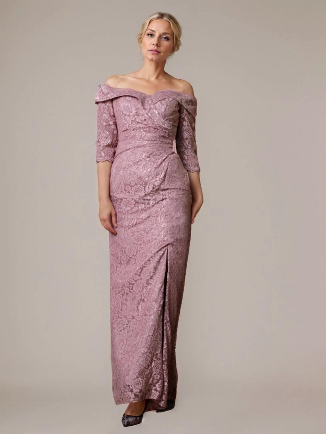 

Elegant Sheath Formal Evening Dress Off Shoulder Half Sleeve Satin Floor-Length Slit Wedding Guest Dress 2025 Free Customized