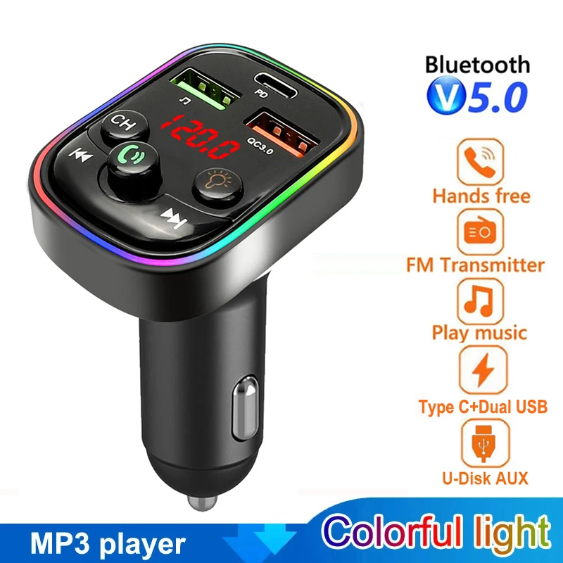 

RGB Bluetooth 5.0 FM Transmitter Handsfree Car Radio Modulator U-Disk Aux MP3 Player With Dual USB Type C Quick Charge Adapter