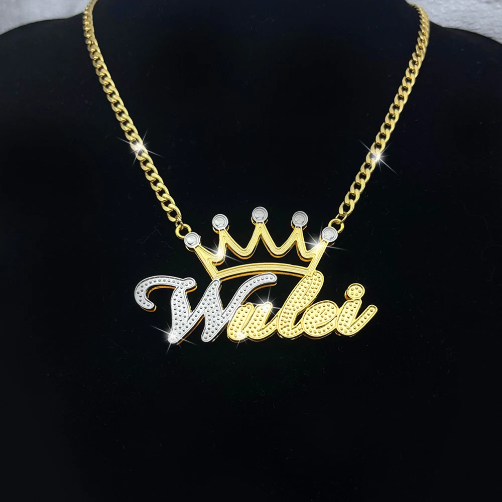 

Two Color Tone Custom Name Necklace For Her Personalise Crown Name Necklace Double Plate Stainless steel Pendant Cuban Chain